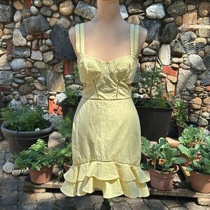 Jonathan Simkhai Yellow Seersucker Gingham Cutout Mini Tulip Ruffle Dress Size 4
